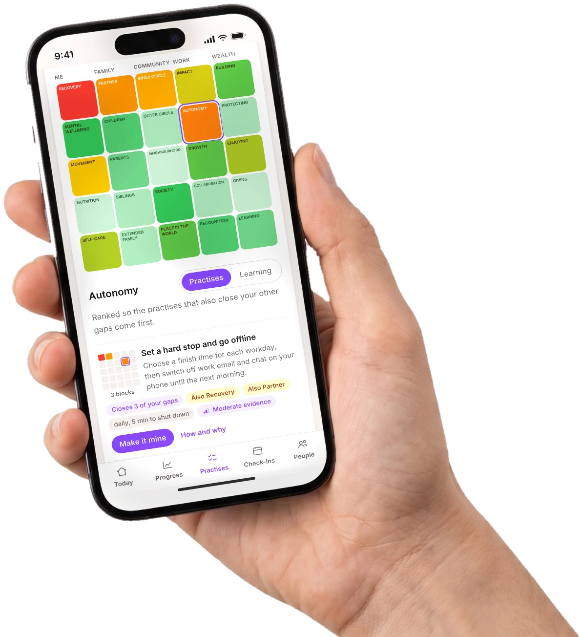 The Pillars app on a phone: a leader's map of 25 building blocks, with a suggested practise for the one selected.